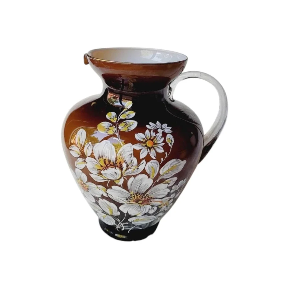 Ardalt Italian Art Glass Pitcher‎ Clear Handle Brown White Floral - Picture 7 of 8